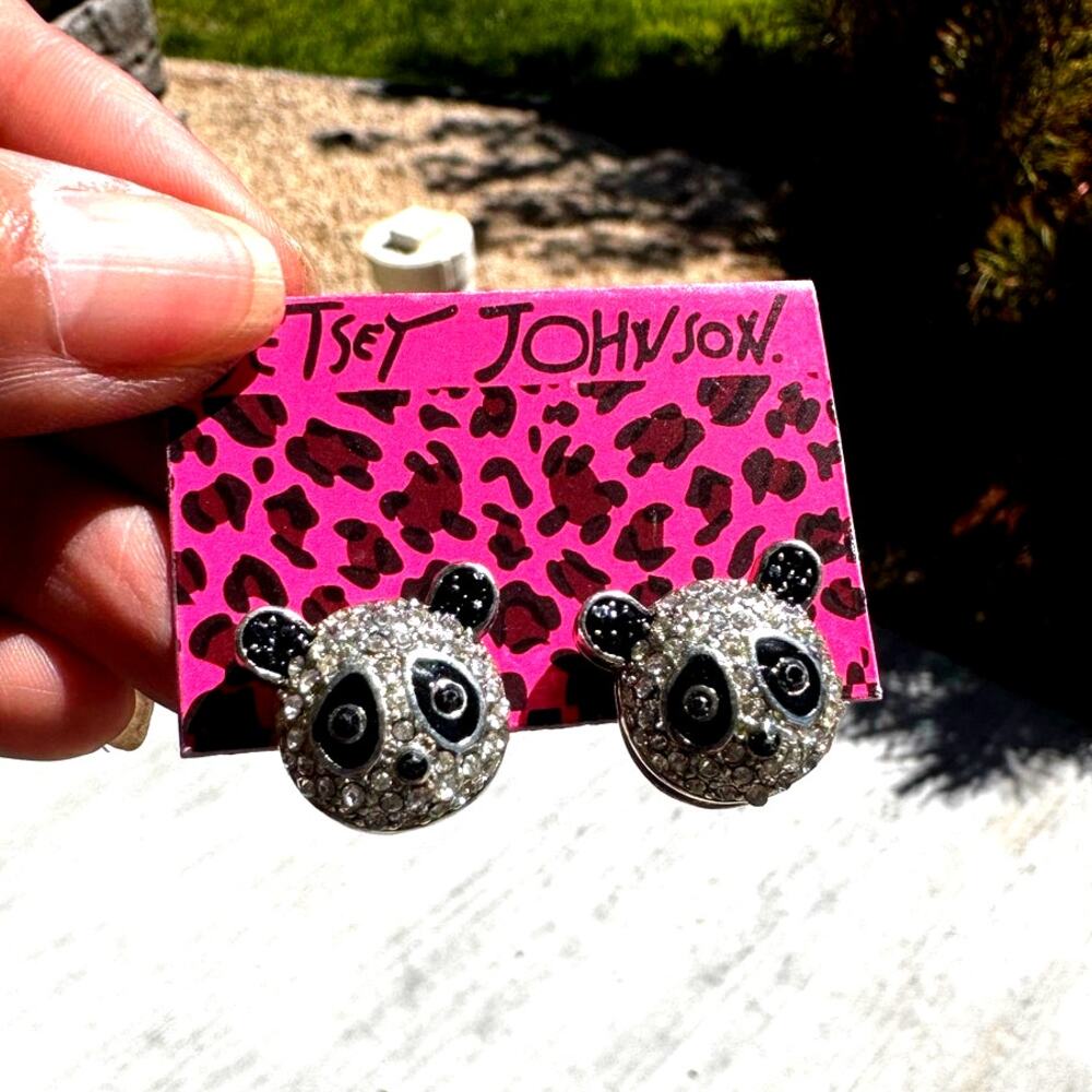 Betsey Johnson pave rhinestone panda stud earrings Asian Jungle collection Y2K